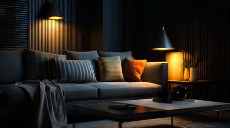 Cozy contemporary dark living room, warm glow of lamps illuminating grey sofa and modern table, intimate night settingの素材
