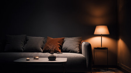 Cozy contemporary dark living room, warm glow of lamps illuminating grey sofa and modern table, intimate night settingの素材