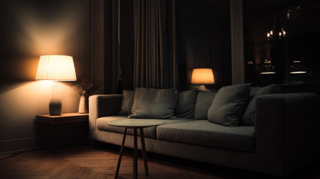 Cozy night interior with grey sofa, minimal table, and ambient glow from stylish lamps, warm shadows filling dark living roomの素材
