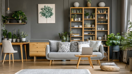 Cozy stylish living space featuring sofa set, modern chest drawer, laptop on wooden table, houseplants and shelving unitsの素材