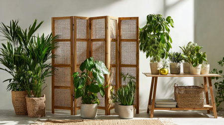 Home interior design with wooden folding screen divider, minimalist table, and leafy plants in pots near clear white wallの素材