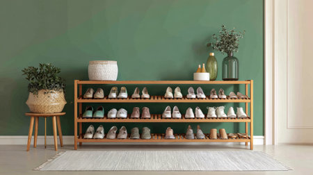 Hallway scene with shoe rack, women shoes neatly lined, green accent wall and minimal interior designの素材