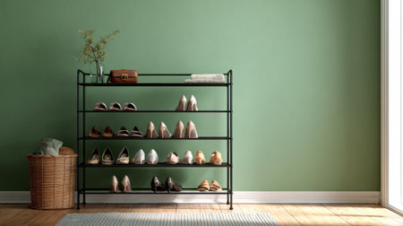 Home hallway decorated with shoe stand and women shoes, green wall backdrop enhancing modern organized styleの素材