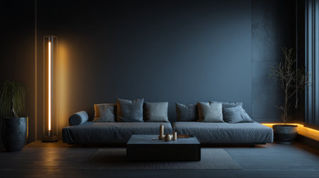 Interior of dark-toned living room with grey couch, glowing standing lamp and coffee table, modern night-time designの素材