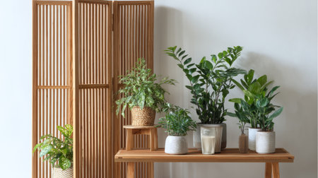 Home decor interior showcasing wooden screen, functional table, and fresh houseplants in pots against light white wall backgroundの素材