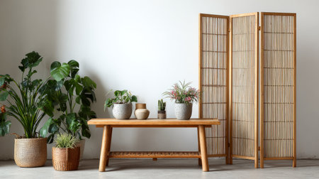 Home decor interior showcasing wooden screen, functional table, and fresh houseplants in pots against light white wall backgroundの素材