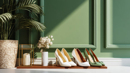Elegant interior shot of hallway with women shoes on stand, green wall backdrop adding freshness and styleの素材