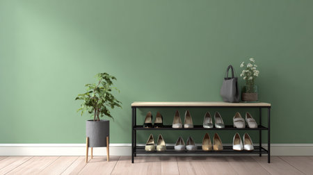 Minimalist hallway with green wall accent, shoe stand holding women heels and flats, clean and organized aestheticの素材