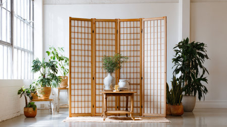 Interior space with Japanese-inspired wooden folding screen, elegant table, and leafy houseplants set against minimalist white wallの素材