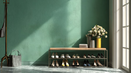 Modern hallway with shoe stand neatly displaying women shoes against a stylish green wall, bright natural light highlighting the setupの素材