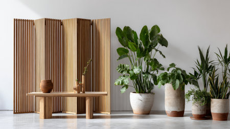 Minimalist home decor with natural wood folding screen, table accent, and green houseplants adding life to simple white wallの素材