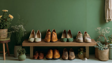 Neatly arranged women footwear displayed on shoe stand, green painted wall and hallway creating cozy home decor vibeの素材