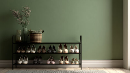 Minimalist hallway with green wall accent, shoe stand holding women heels and flats, clean and organized aestheticの素材