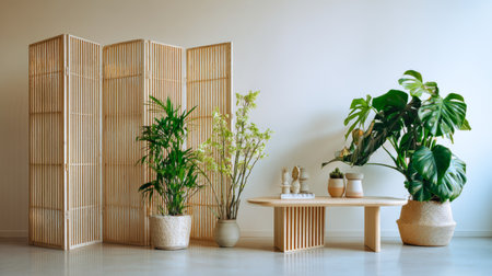 Modern interior design with folding wooden screen, compact table, and greenery displayed by a simple white wallの素材