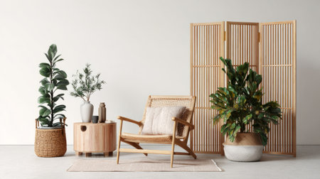 Minimalist home decor with natural wood folding screen, table accent, and green houseplants adding life to simple white wallの素材