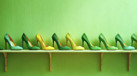 Neat stand with women footwear by hallway wall painted green, bright interior light making shoes stand outの素材