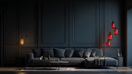 Sophisticated dark living room with grey couch, glowing lamps casting soft light over minimalist table, moody eleganceの素材