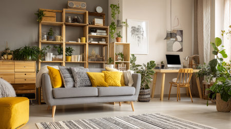 Stylish cozy living room with soft sofas, minimal chest drawer, houseplants in pots, shelving units and modern laptop deskの素材