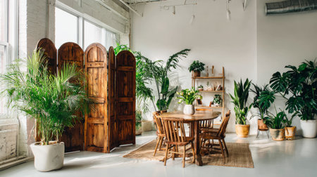 Room interior featuring decorative wooden partition, table centerpiece, and multiple indoor plants near bright white wallの素材