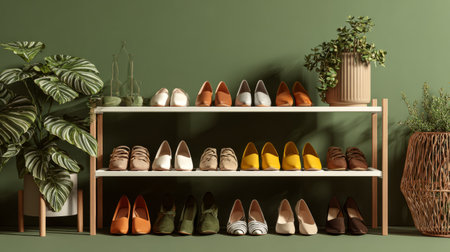 Shoe rack with various women footwear placed in front of green wall, hallway interior with modern minimalist designの素材