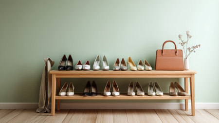 Stand filled with elegant women shoes placed near a soft green wall in minimalist hallway interior, cozy and organized designの素材
