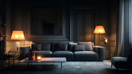 Sophisticated dark living room with grey couch, glowing lamps casting soft light over minimalist table, moody eleganceの素材