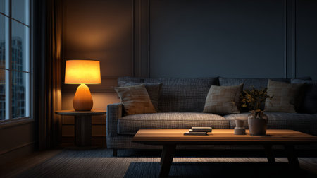 Warmly lit living room interior, dark palette with glowing table lamp, grey sofa and wooden coffee table at nightの素材