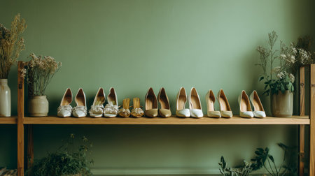 Stand filled with elegant women shoes placed near a soft green wall in minimalist hallway interior, cozy and organized designの素材