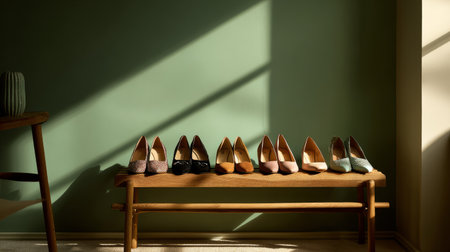 Women shoes neatly displayed on rack, hallway corner with green wall background, warm natural light illuminating spaceの素材
