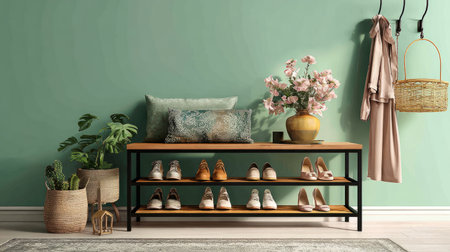 Stylish hallway interior featuring shoe rack with women shoes, soft green wall creating calm and balanced moodの素材