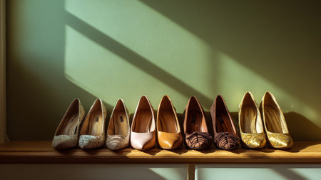 Women shoes neatly displayed on rack, hallway corner with green wall background, warm natural light illuminating spaceの素材