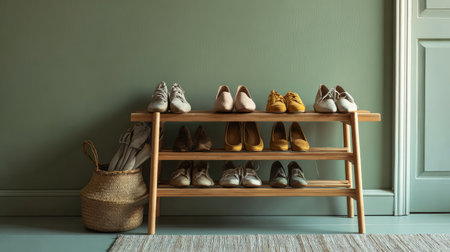 Wooden shoe rack with women shoes positioned near soft green wall, hallway interior styled with simple modern detailsの素材