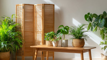 Stylish interior corner featuring natural wooden folding screen, clean table surface, and houseplants brightening white wallの素材