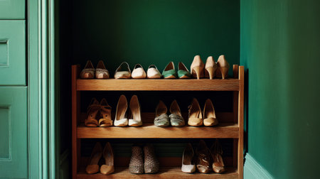 Wooden shoe stand filled with women shoes, hallway corner highlighted by rich green wall backgroundの素材