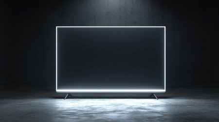 Minimalist smart television mockup isolated in dark environment, slim bezels, flat glowing display, high resolution 3D render stock presentationの素材