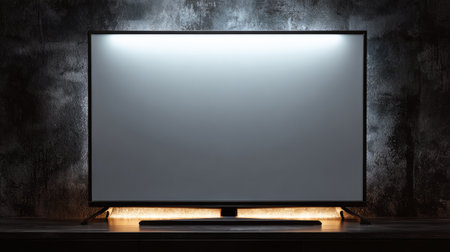 Contemporary television mockup 3D rendering, sleek black frame and blank display isolated on dark background, ideal for advertising or presentation designの素材