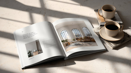 3D mockup of professional interior design portfolio template with structured layout, modern typography, soft natural lightingの素材