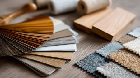 Close-up view of paint swatches fanned out alongside wood and fabric samples, interior design decision-making process, realistic renderの素材