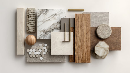 Curated interior design flat lay with marble, wood, and stone swatches, clean geometric layout, warm natural neutral color schemeの素材