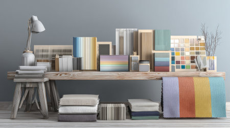 3D render of interior design workspace with paint color swatches, fabric samples, and wood textures arranged neatly on a table, modern minimalist styleの素材