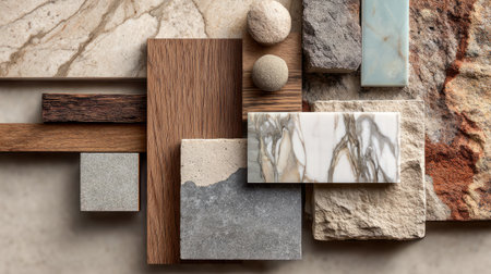 Flat lay of assorted interior finish samples, marble tiles, wood veneer, and stone textures, arranged artistically, muted natural color schemeの素材