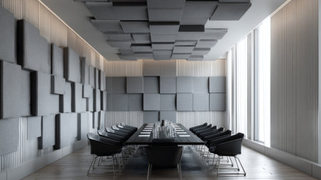 3D render of modern boardroom featuring wall of grey acoustic panels, stylish furniture, and clean architectural linesの素材