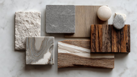 Flat lay of interior design textures, natural stone, veined marble, and rustic wood, clean aesthetic, soft light, Pinterest-worthy compositionの素材