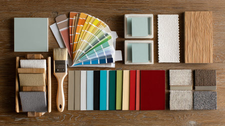 Flat lay of colorful paint swatches and furniture material samples on a wooden desk, interior design concept, clean professional layoutの素材