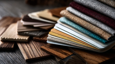 Close-up view of paint swatches fanned out alongside wood and fabric samples, interior design decision-making process, realistic renderの素材