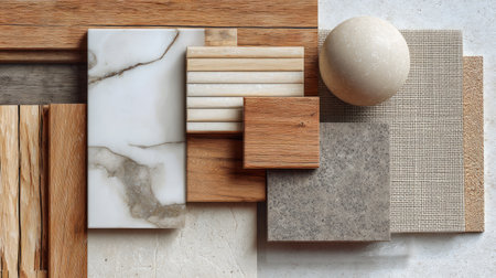Close-up top view of interior design mood board, natural materials including wood, marble, and stone, minimal clean aestheticの素材