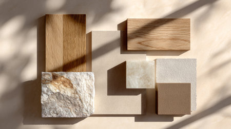 Flat lay of neutral-toned design samples featuring oak wood, beige marble, and matte stone, soft shadows, warm natural lighting, aesthetic Pinterest vibeの素材