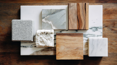 Flat lay of interior design textures, natural stone, veined marble, and rustic wood, clean aesthetic, soft light, Pinterest-worthy compositionの素材
