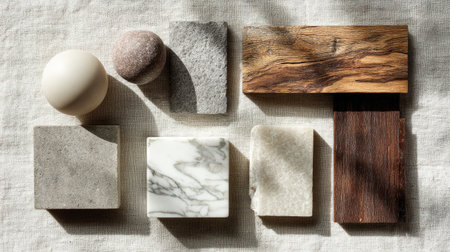 Flat lay of marble, wood, and stone samples arranged neatly on linen surface, neutral earthy palette, minimalist aesthetic, soft natural light, trending Pinterest styleの素材