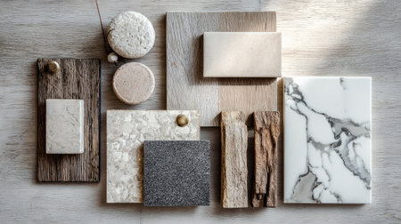 Flat lay of interior design textures, natural stone, veined marble, and rustic wood, clean aesthetic, soft light, Pinterest-worthy compositionの素材